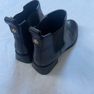 Tory Burch Black Leather Chelsea Boots with Gold Logo
